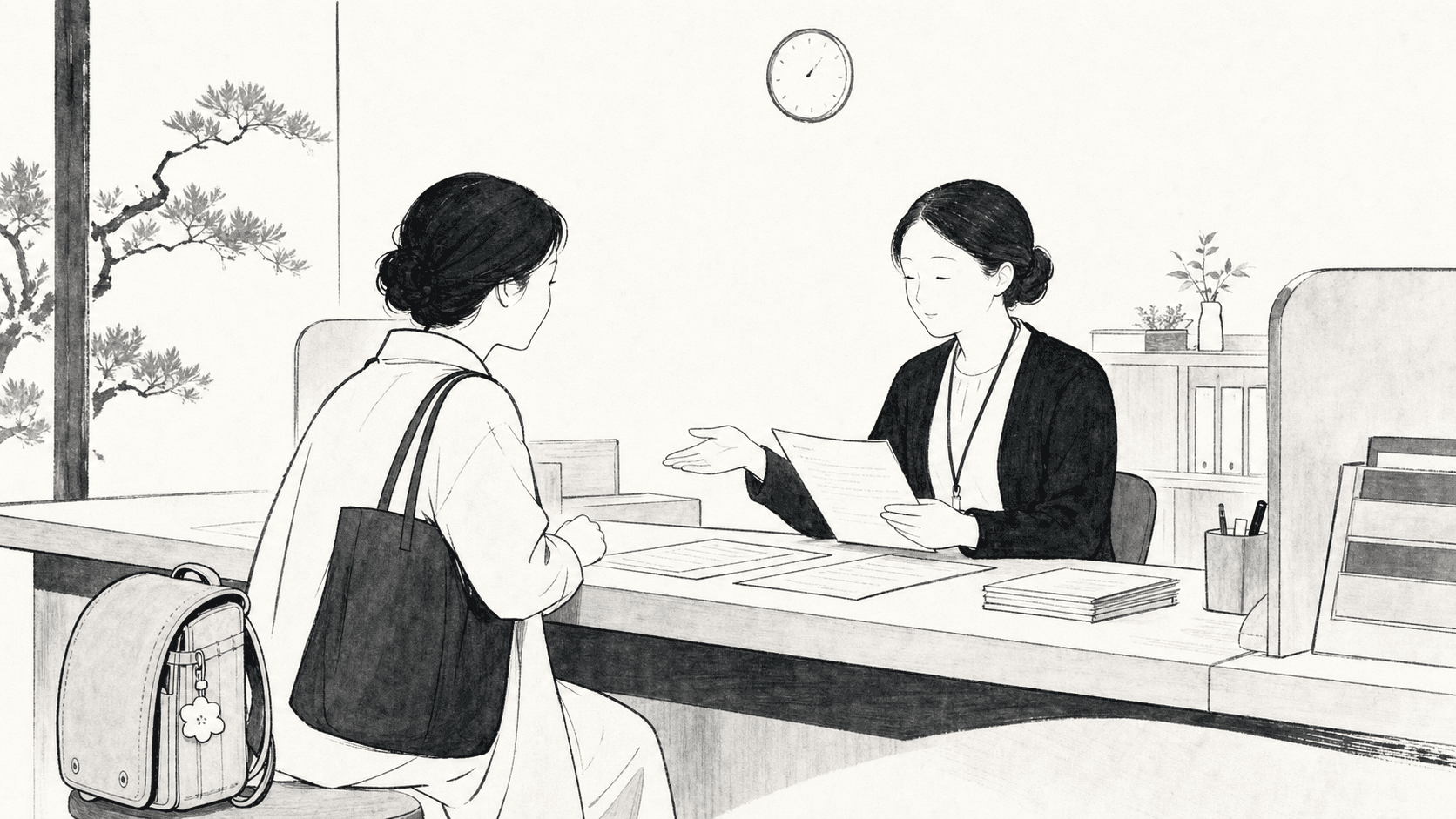 Minimal black and white ukiyo-e style illustration of a parent speaking with city staff about after-school care application forms.