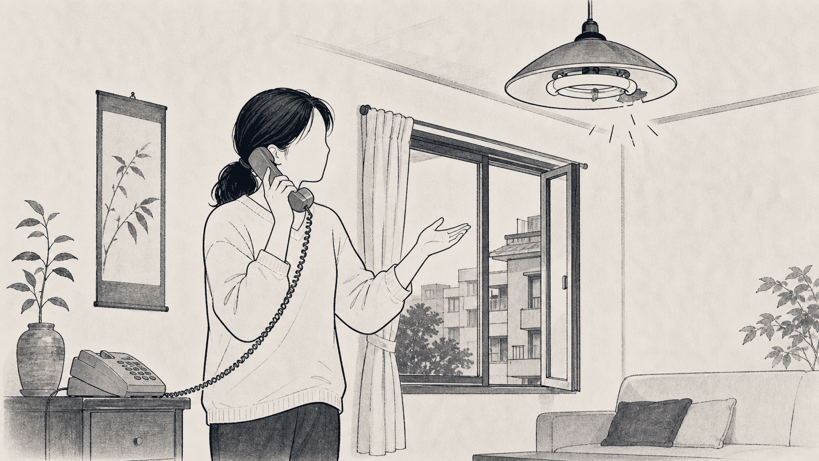 Minimal black and white ukiyo-e style illustration of a tenant calling about an apartment repair near a window and light.