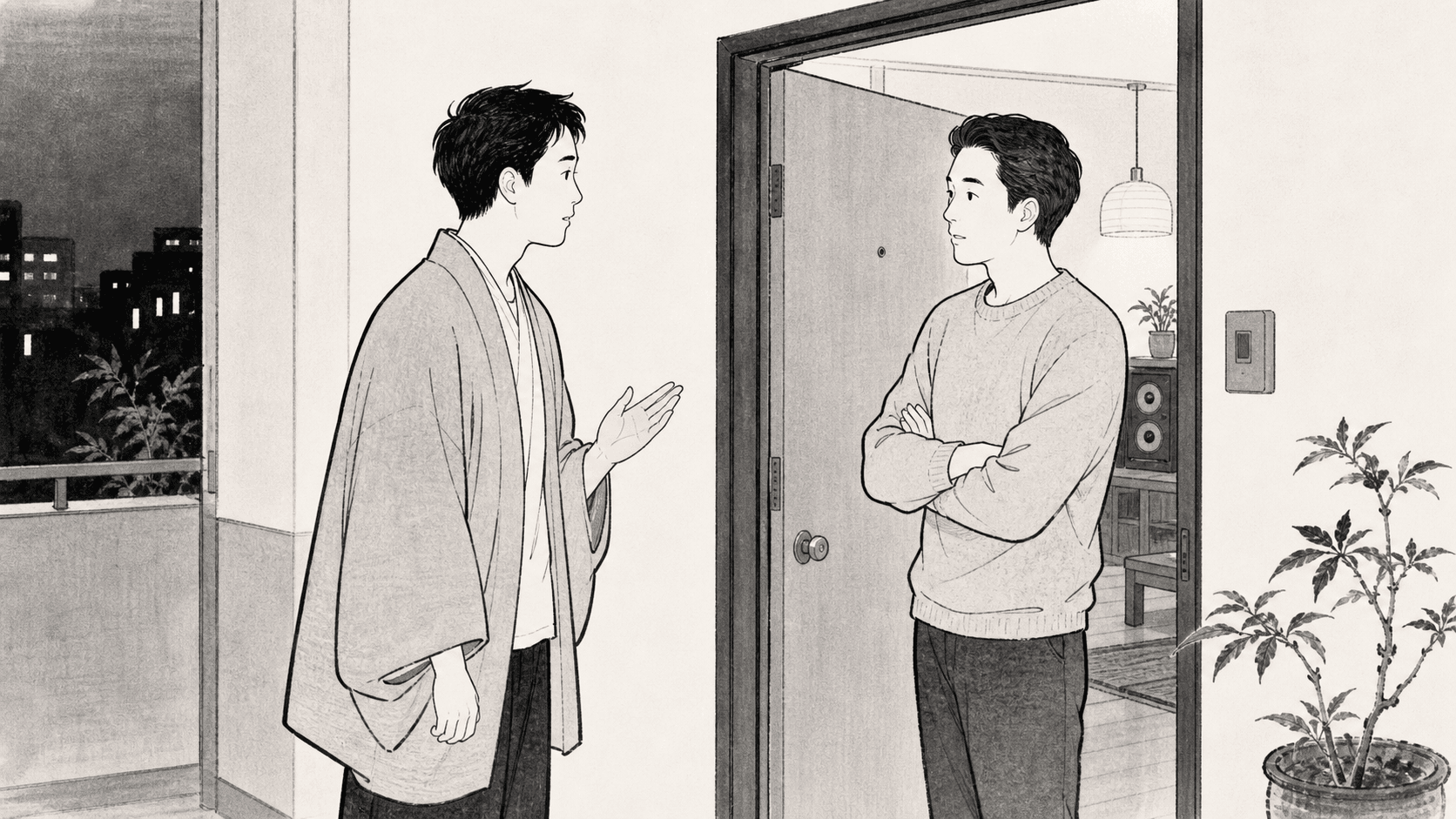 Minimal black and white ukiyo-e style illustration of two apartment neighbors politely discussing noise at a doorway.