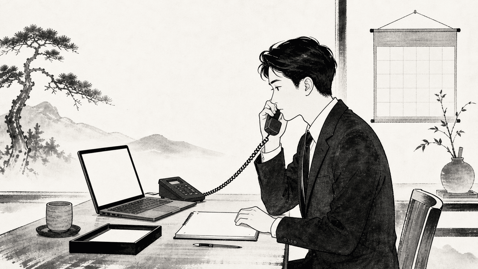 Minimal black and white ukiyo-e style illustration of an applicant politely calling HR about application status.