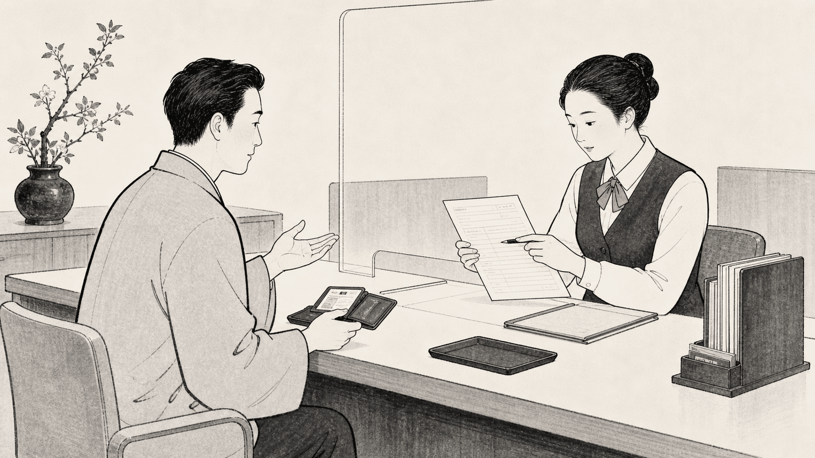 Minimal black and white ukiyo-e style illustration of a customer opening an account at a bank counter.