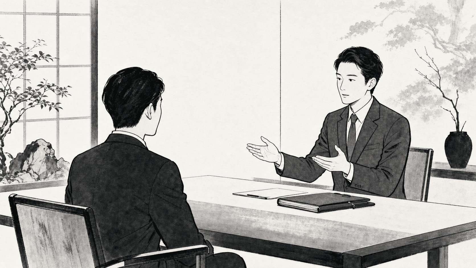 Minimal black and white ukiyo-e style illustration of a candidate explaining career change motivation in an interview.