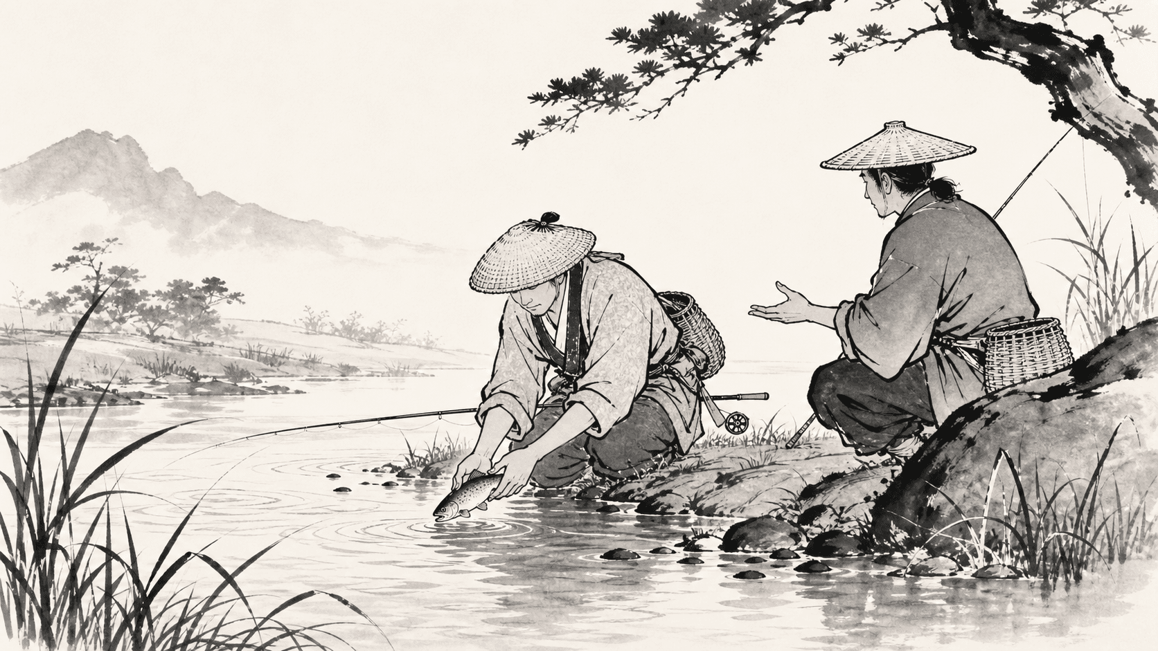 Minimal black and white ukiyo-e style illustration of two anglers discussing catch and release beside a river.