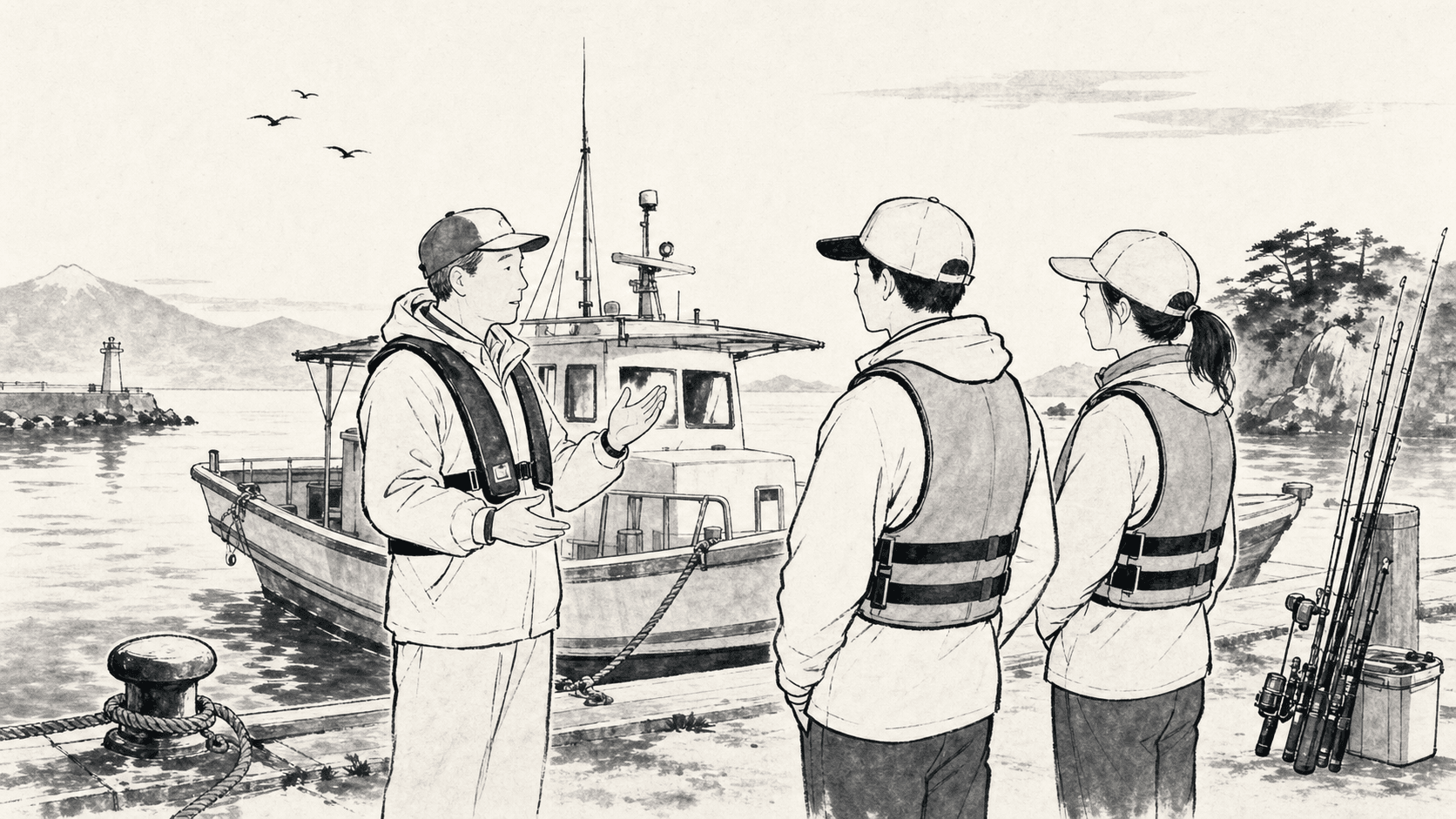 Minimal black and white ukiyo-e style illustration of a captain giving a safety briefing to anglers beside a small fishing boat.