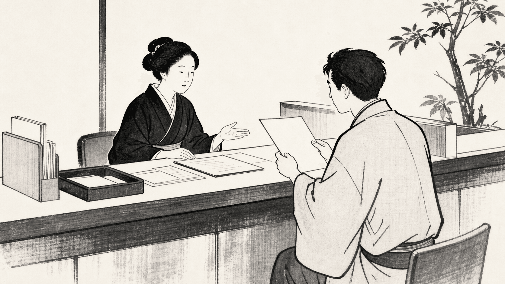 Minimal black and white ukiyo-e style illustration of a resident at a city hall counter registering a new address.