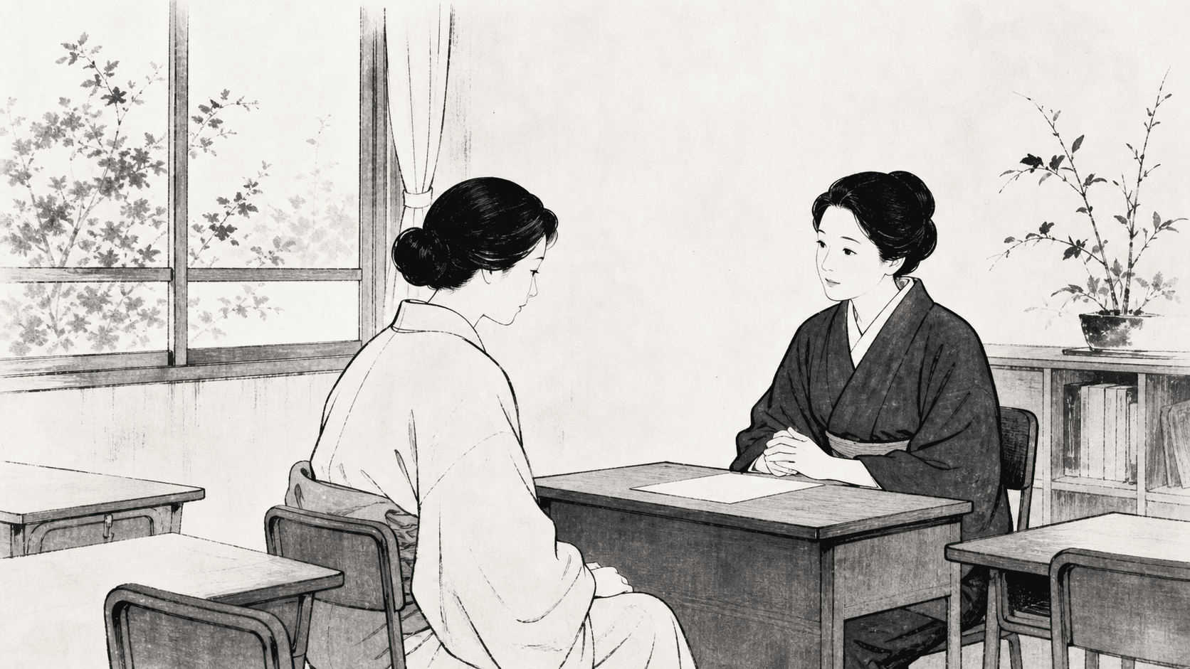 Minimal black and white ukiyo-e style illustration of a concerned parent and teacher speaking quietly in a classroom.