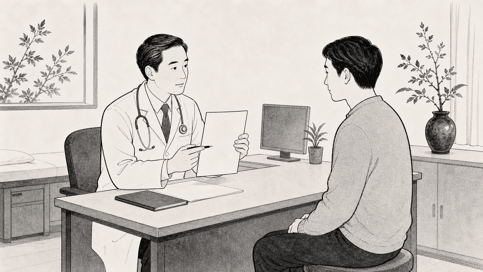 Minimal black and white ukiyo-e style illustration of a doctor explaining follow-up test results to a patient.