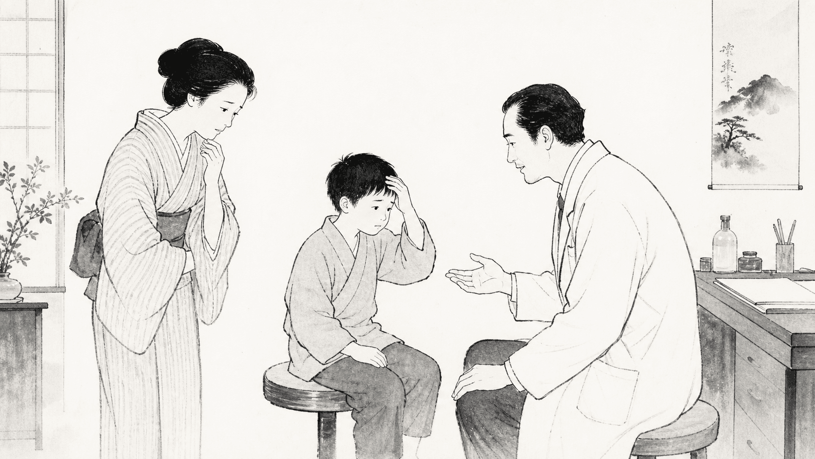 Minimal black and white ukiyo-e style illustration of a doctor speaking with a child who has a headache and a concerned parent.