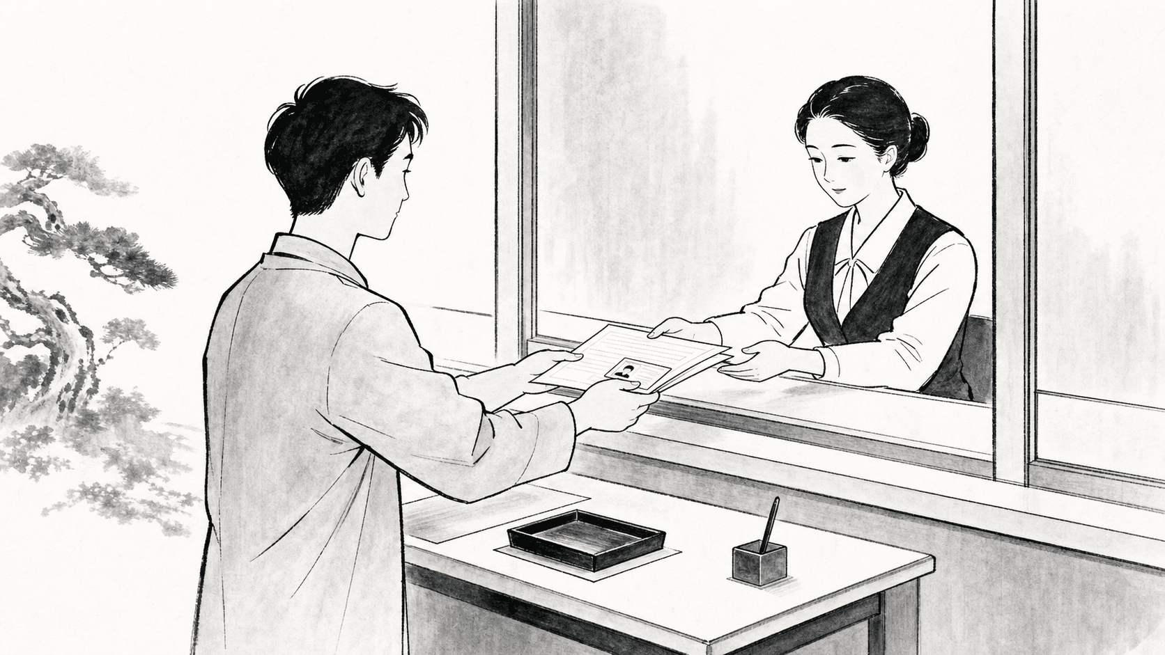 Minimal black and white ukiyo-e style illustration of a visitor handing license renewal documents to a clerk.