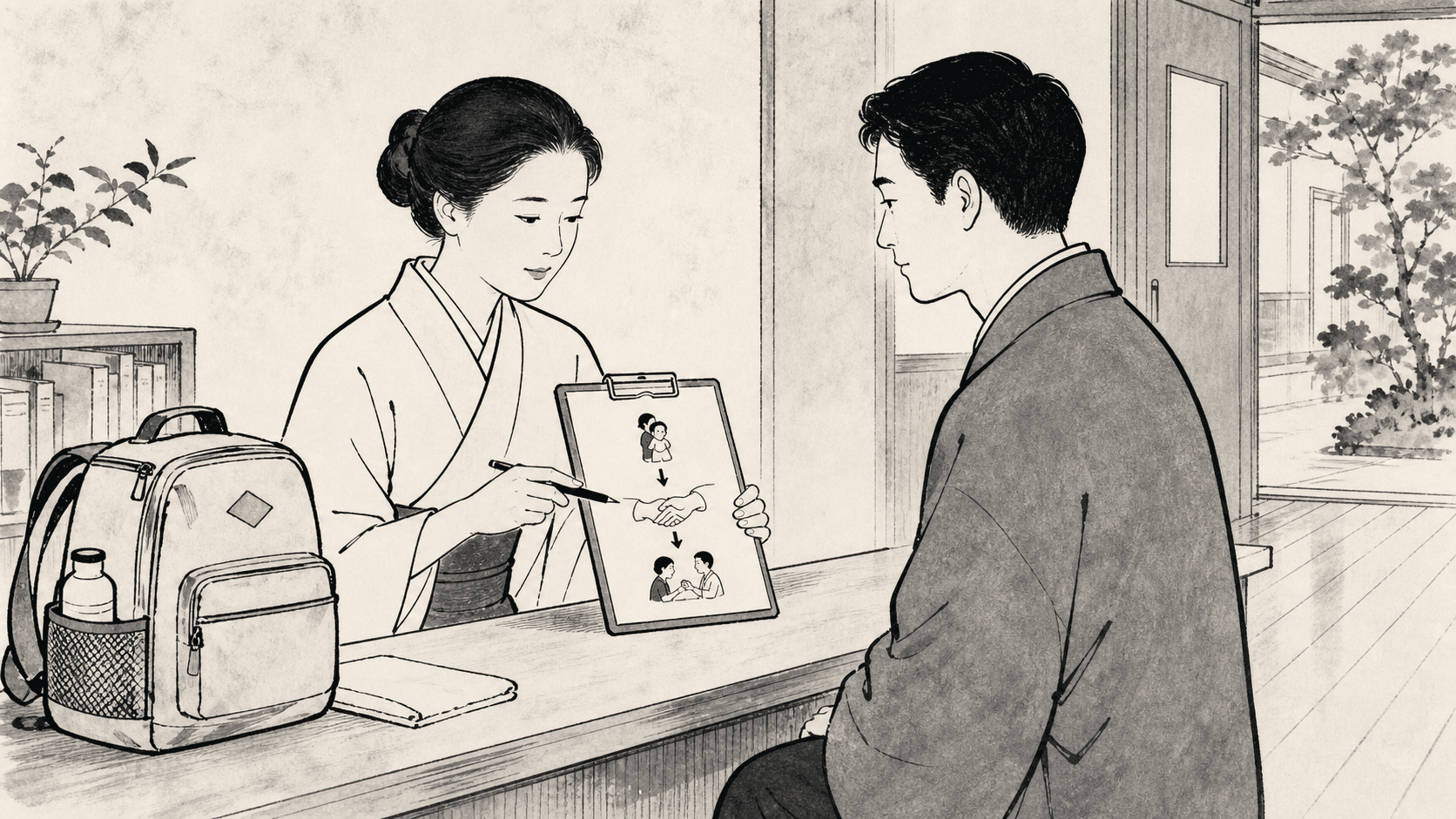 Minimal black and white ukiyo-e style illustration of a parent and school staff reviewing emergency pickup procedures.