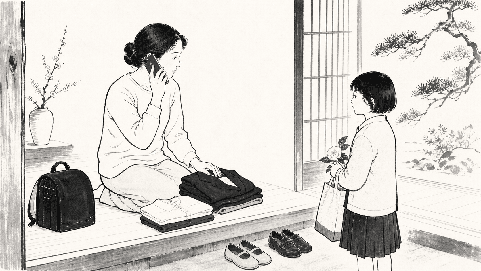 Minimal black and white ukiyo-e style illustration of a parent on the phone preparing school ceremony items beside a child.