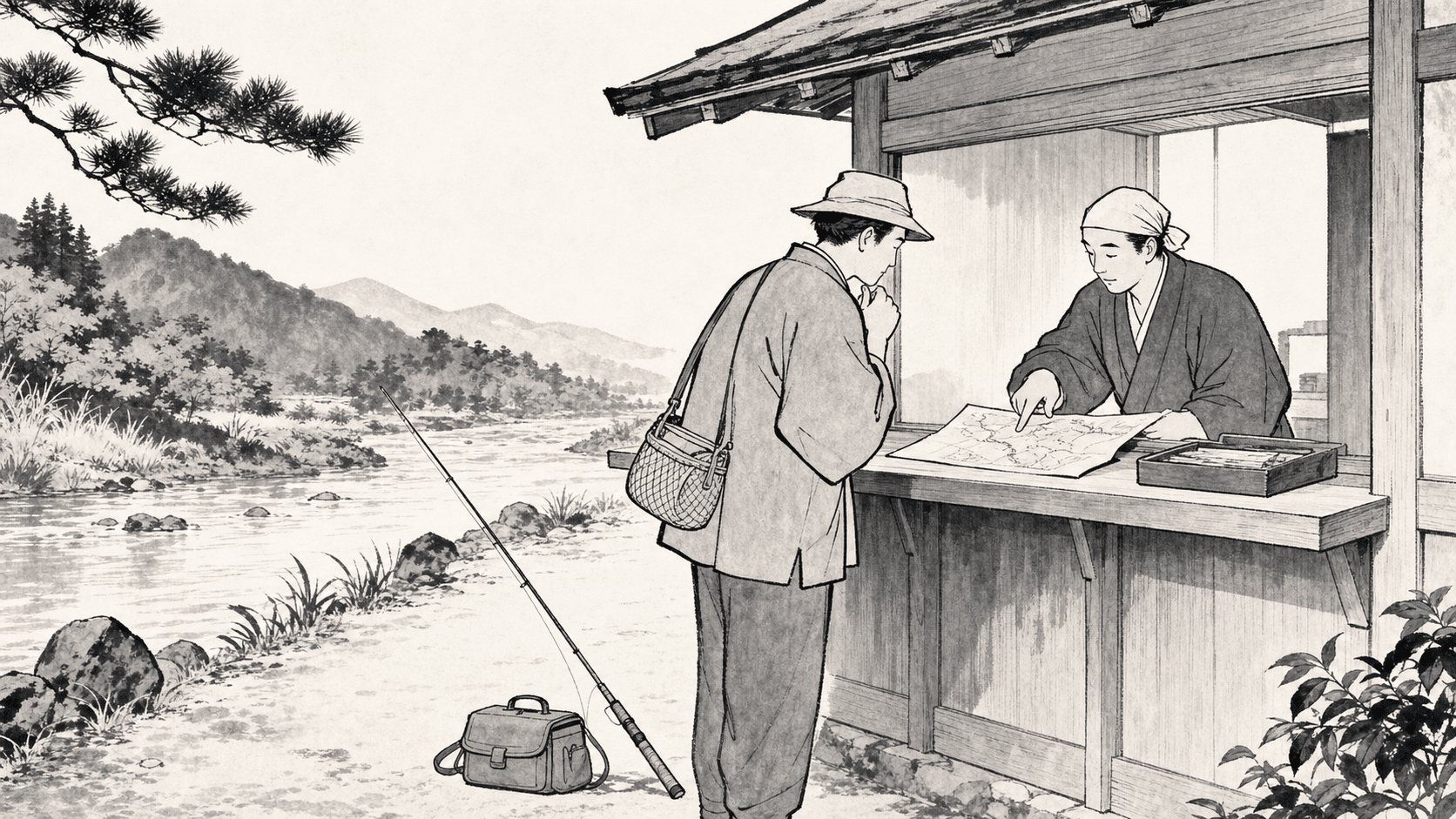 Minimal black and white ukiyo-e style illustration of a visitor discussing river fishing permits with a staff member near a quiet river.