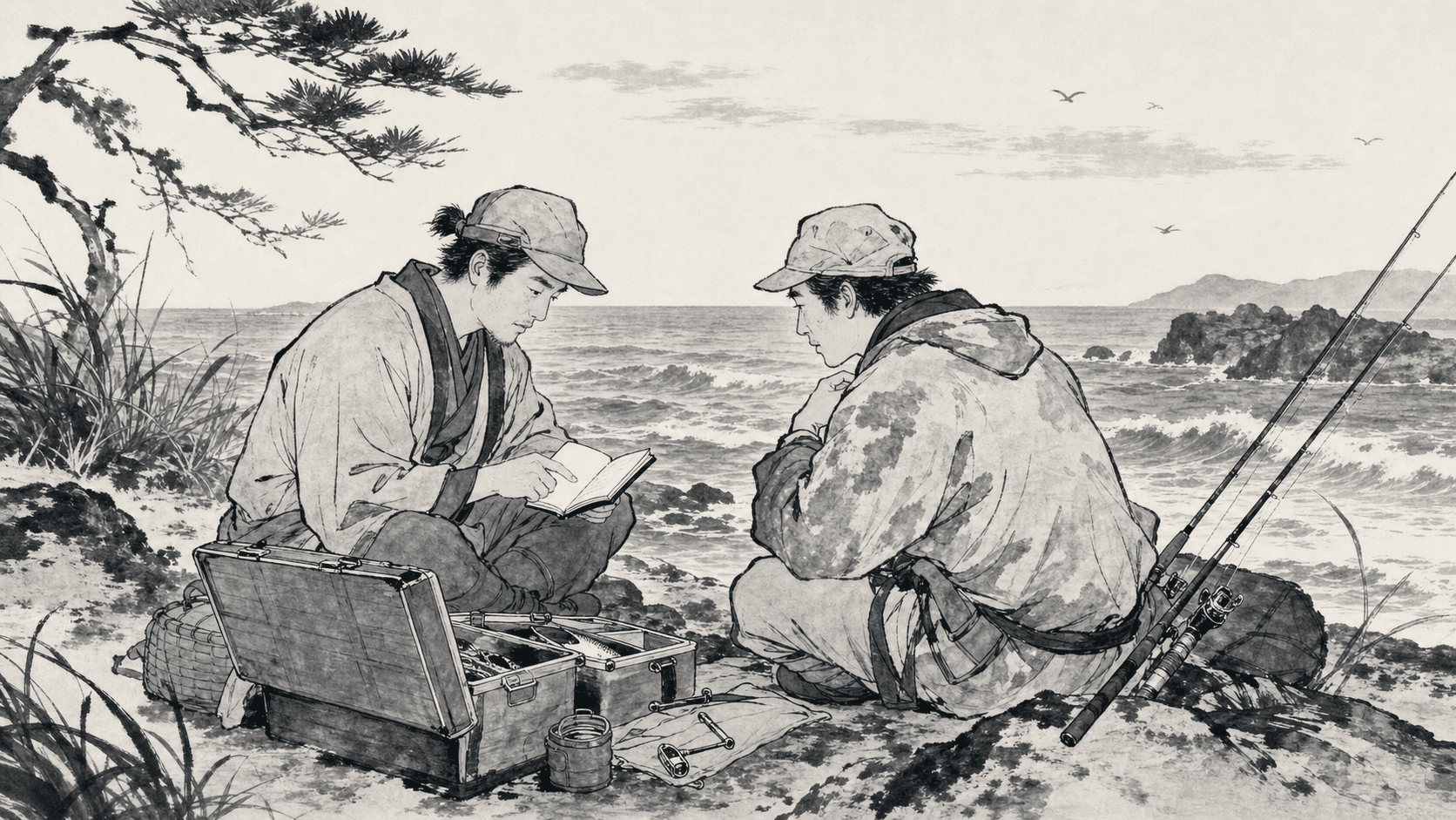 Minimal black and white ukiyo-e style illustration of two friends reviewing fishing gear beside a windy shoreline.
