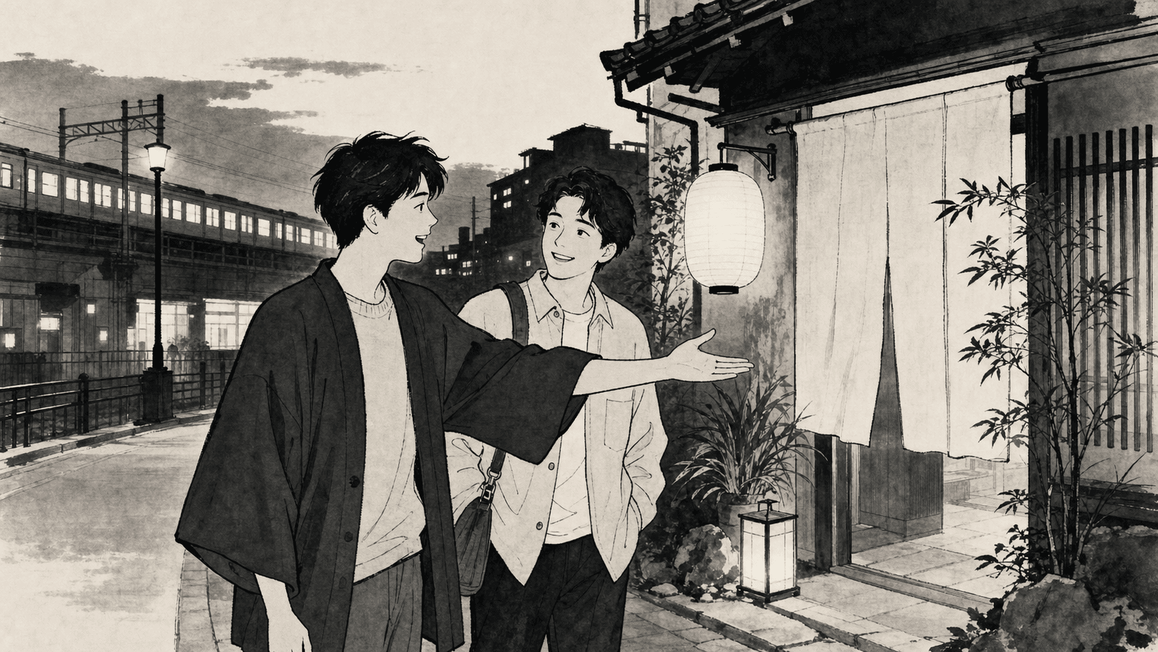 Minimal black and white ukiyo-e style illustration of two friends outside a restaurant planning dinner.