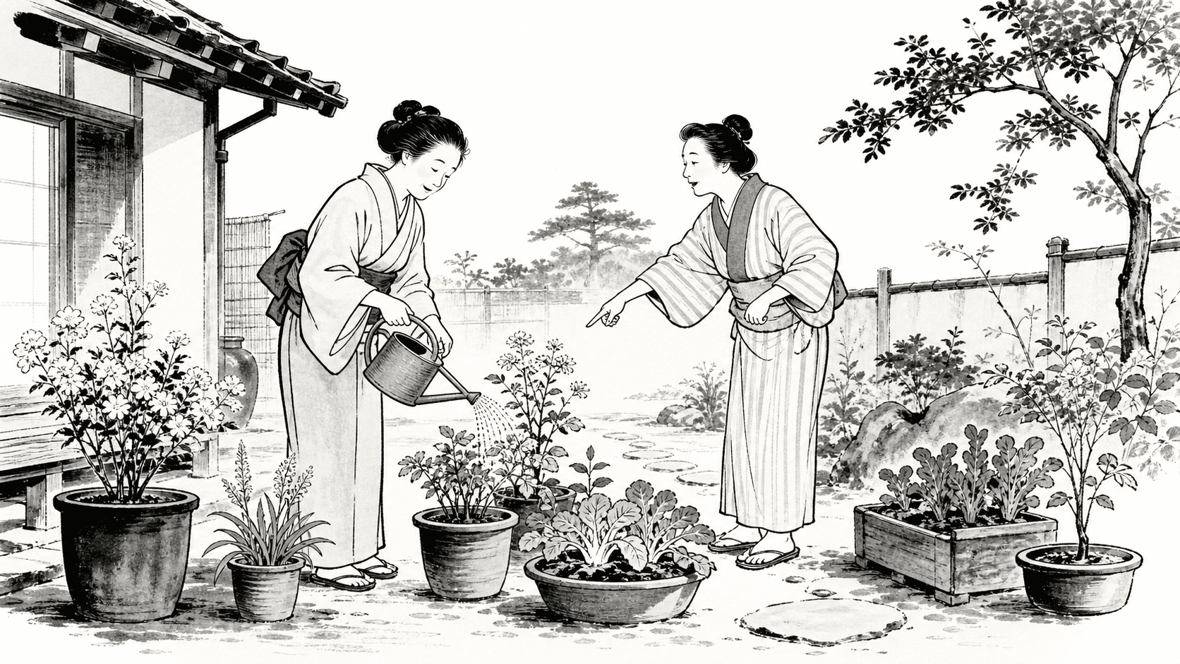 Minimal black and white ukiyo-e style illustration of two neighbors watering potted plants in a small garden.