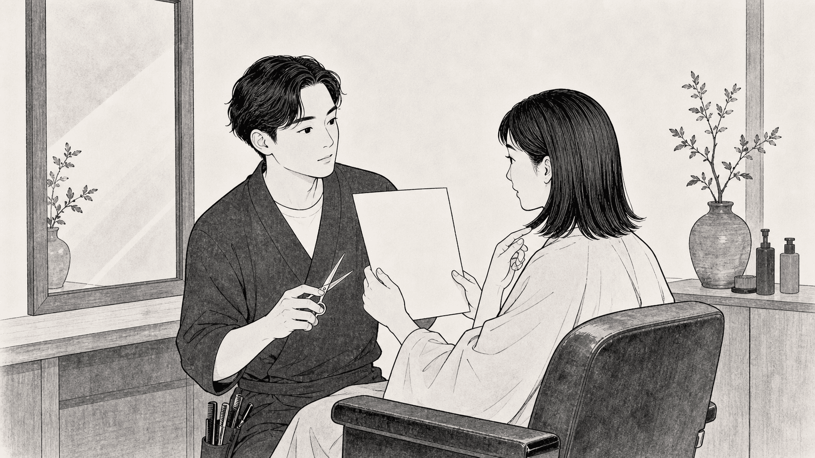 Minimal black and white ukiyo-e style illustration of a hair stylist and customer discussing a preferred haircut.