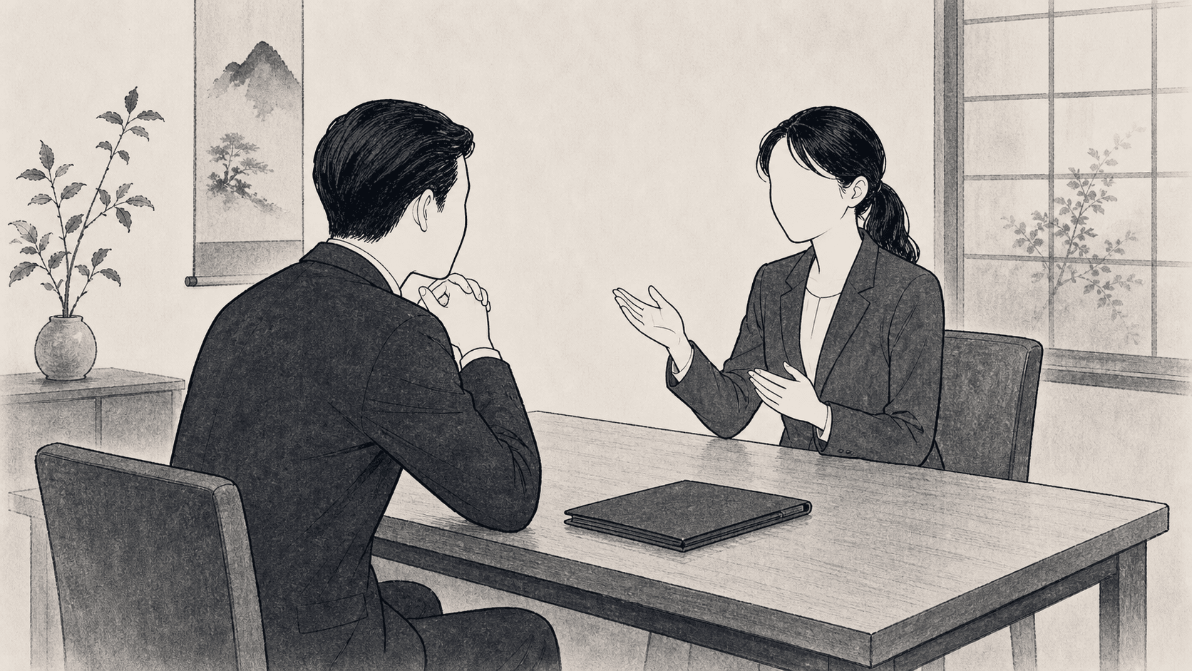 Minimal black and white ukiyo-e style illustration of a job applicant speaking with an interviewer.