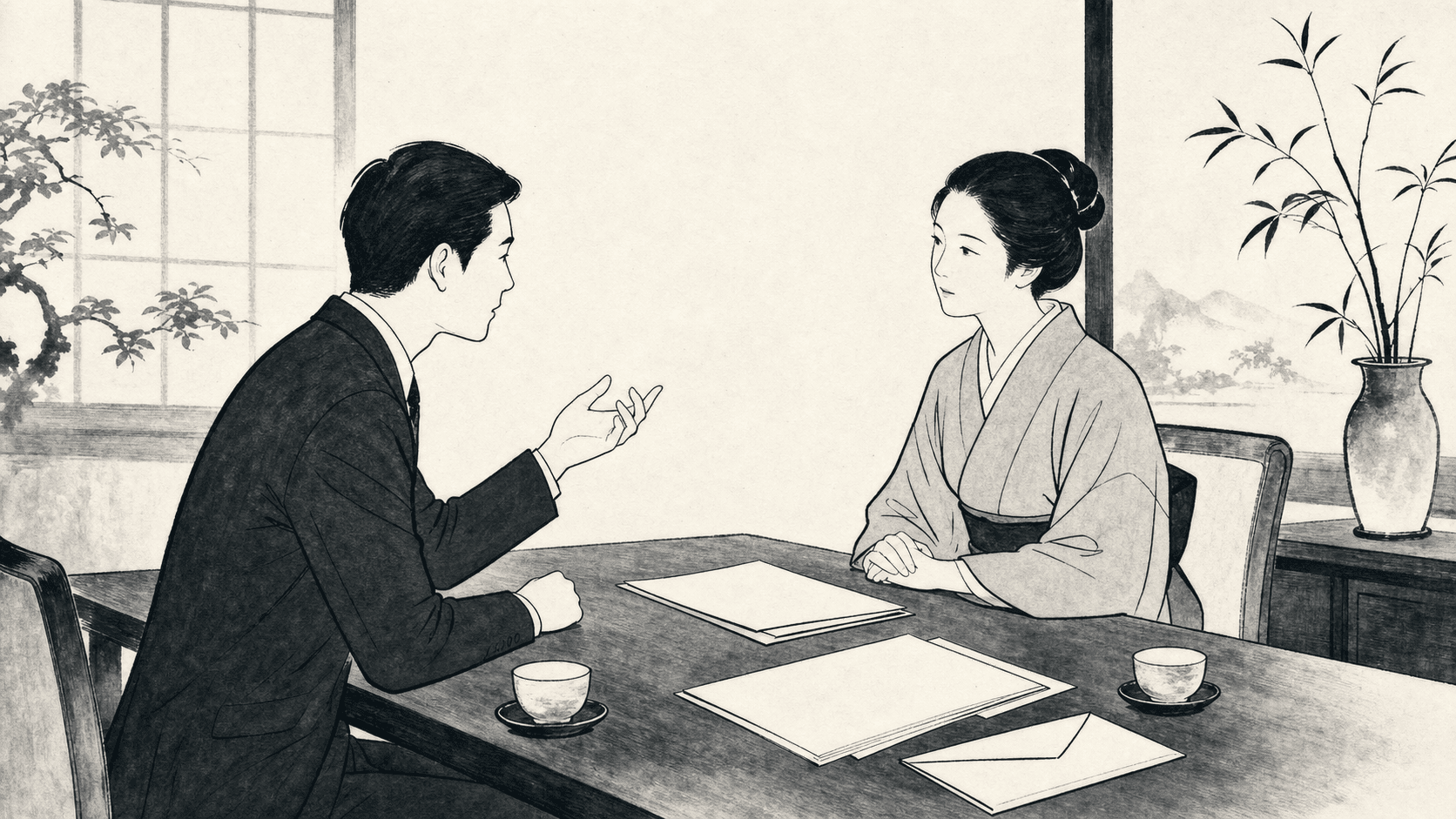 Minimal black and white ukiyo-e style illustration of a candidate reviewing a job offer with an HR representative.
