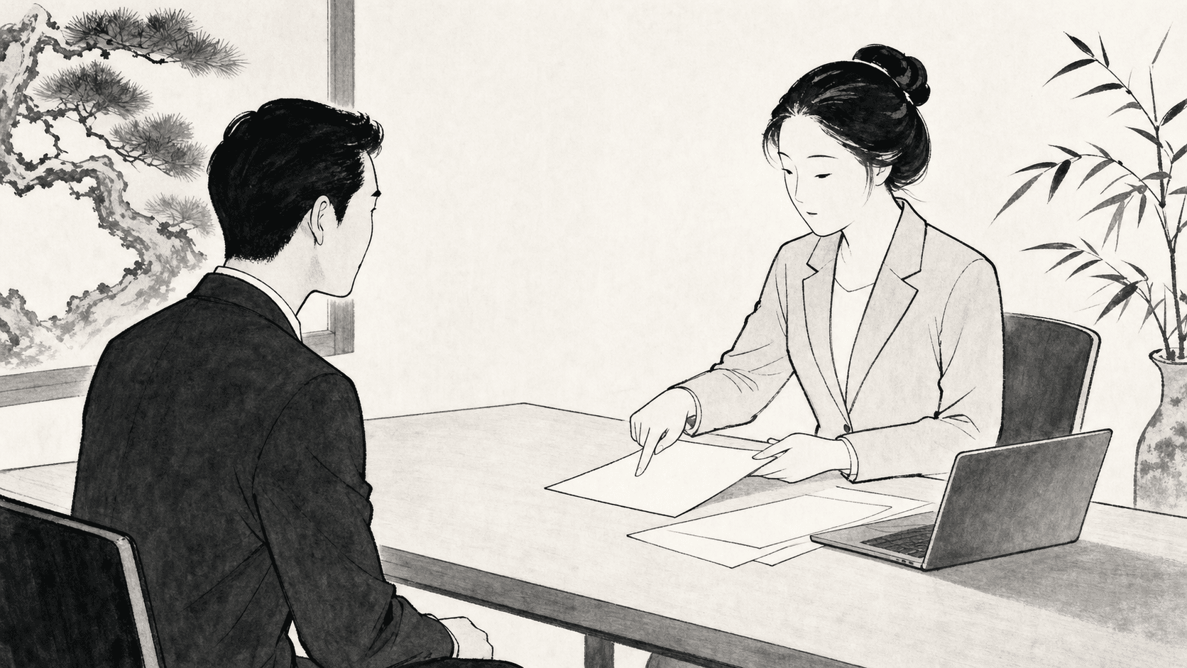 Minimal black and white ukiyo-e style illustration of an applicant asking HR about a job posting on a desk.