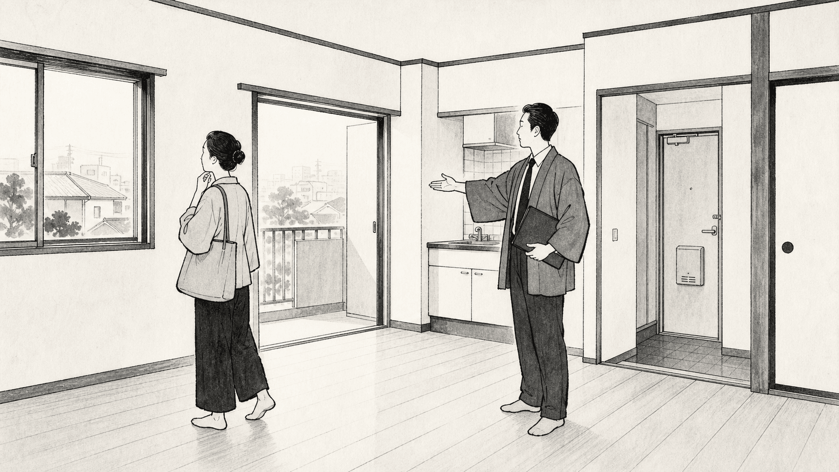 Minimal black and white ukiyo-e style illustration of a real estate agent showing an apartment to a visitor.