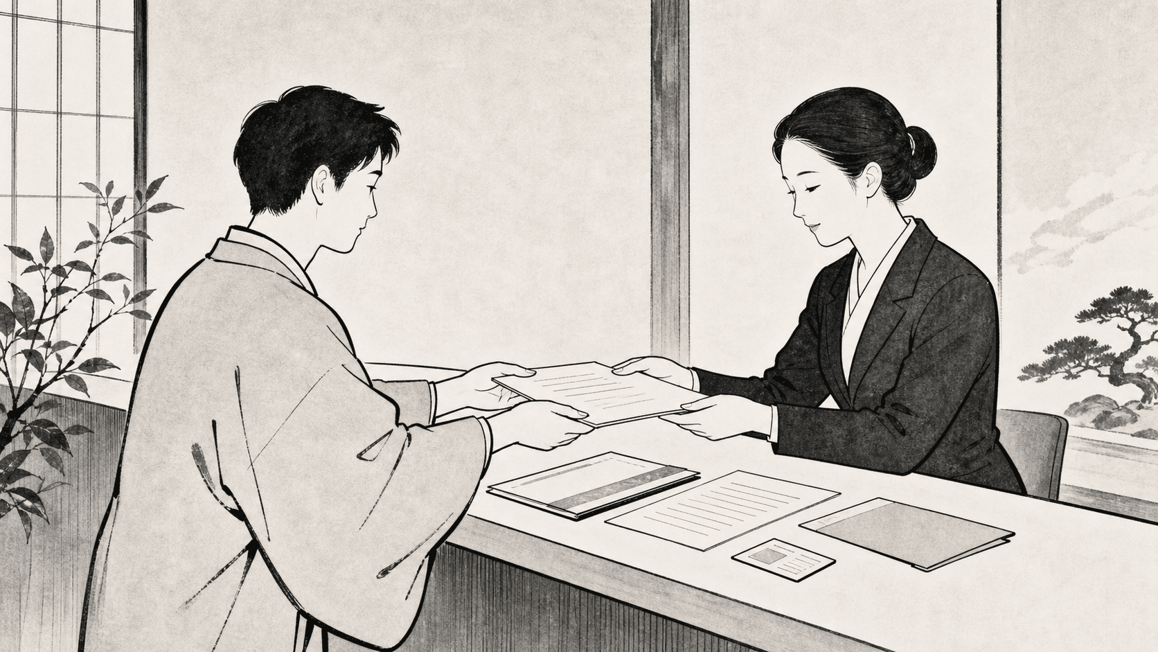 Minimal black and white ukiyo-e style illustration of a tenant preparing apartment application documents at a counter.