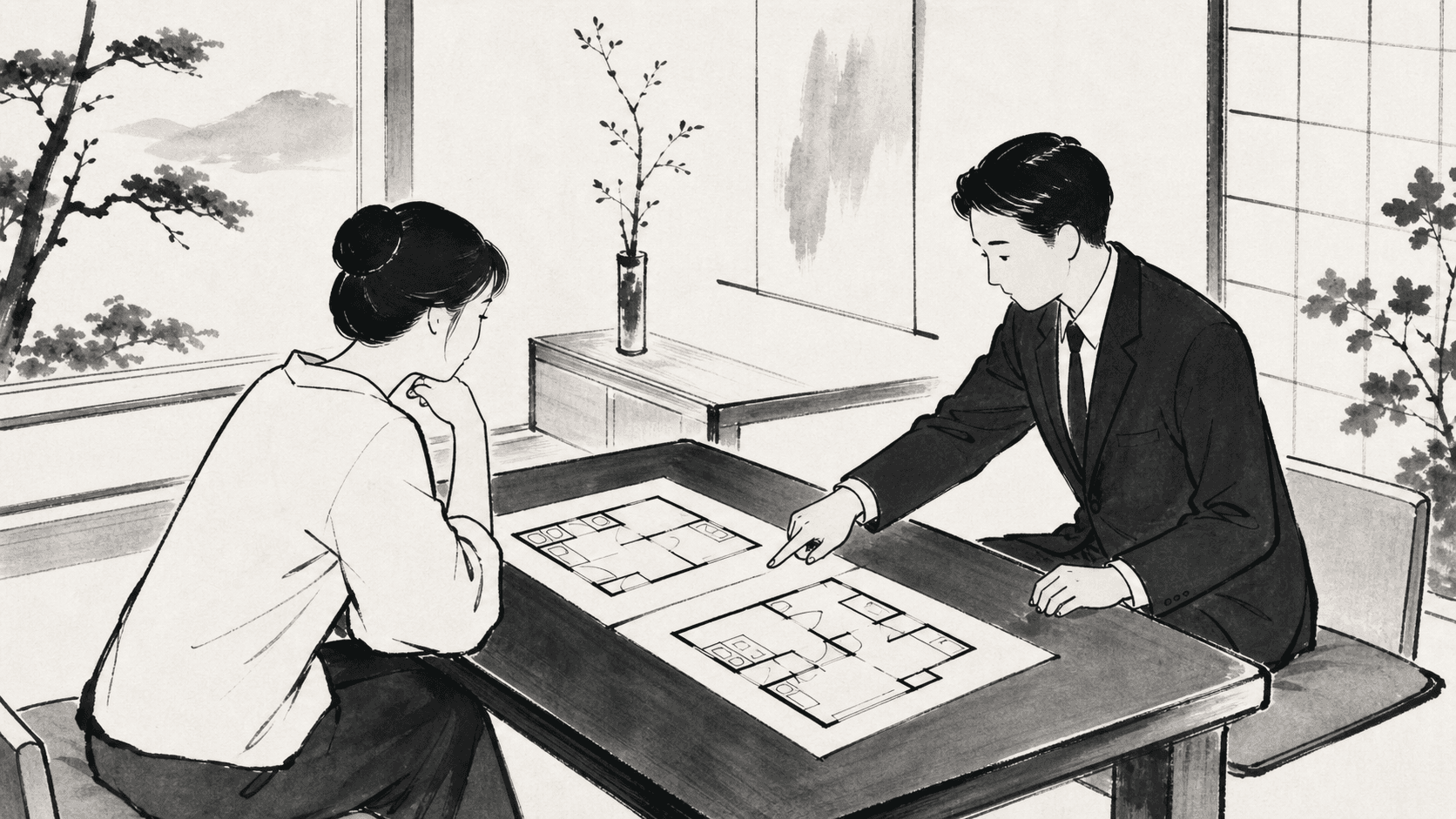 Minimal black and white ukiyo-e style illustration of a customer comparing two apartment floor plans with an agent.