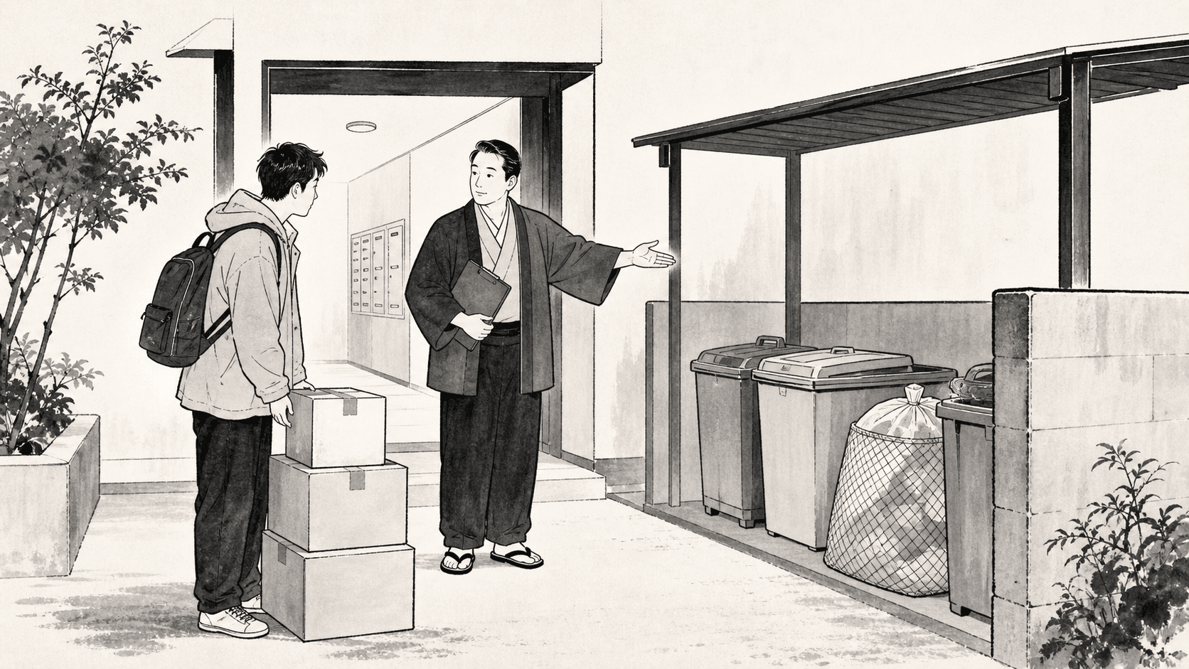 Minimal black and white ukiyo-e style illustration of a tenant asking a property manager about apartment trash rules.