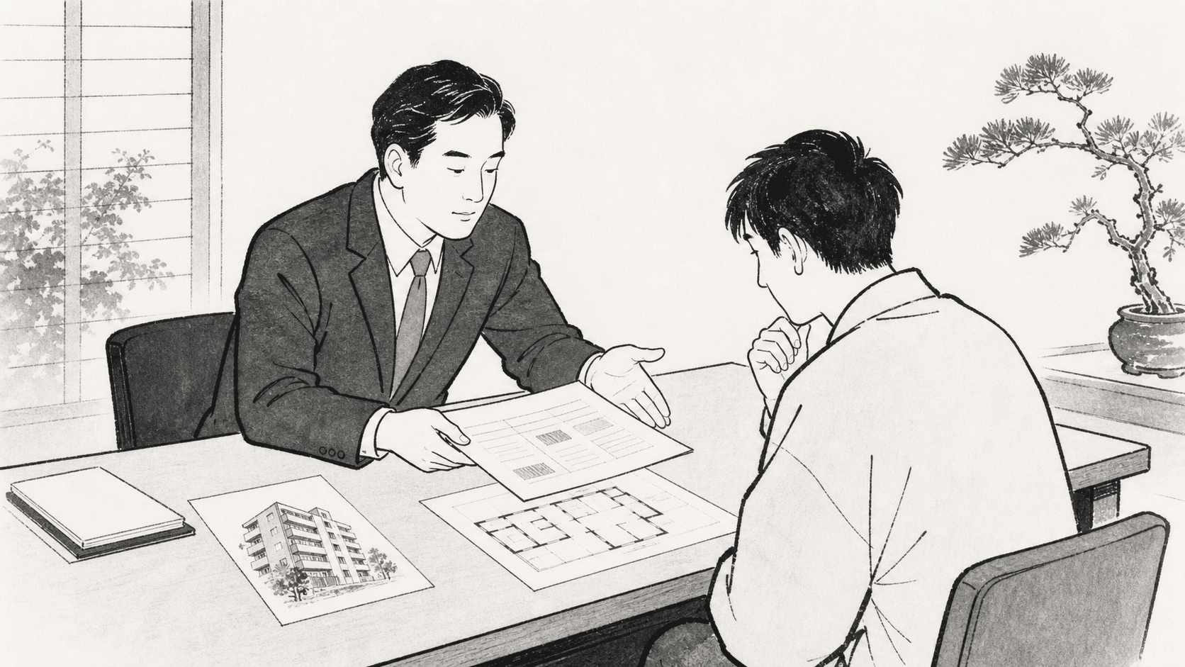 Minimal black and white ukiyo-e style illustration of a real estate agent explaining apartment fees at a desk.