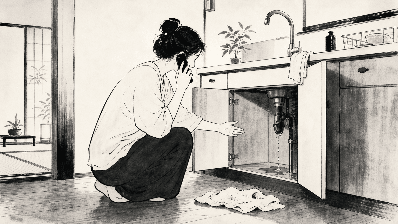 Minimal black and white ukiyo-e style illustration of a tenant calling about a sink water leak in an apartment.