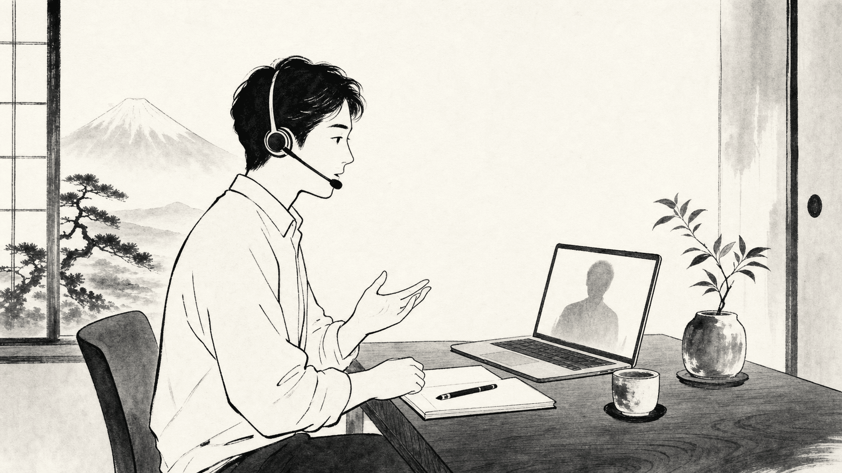 Minimal black and white ukiyo-e style illustration of a candidate speaking with a recruiter during a job search call.