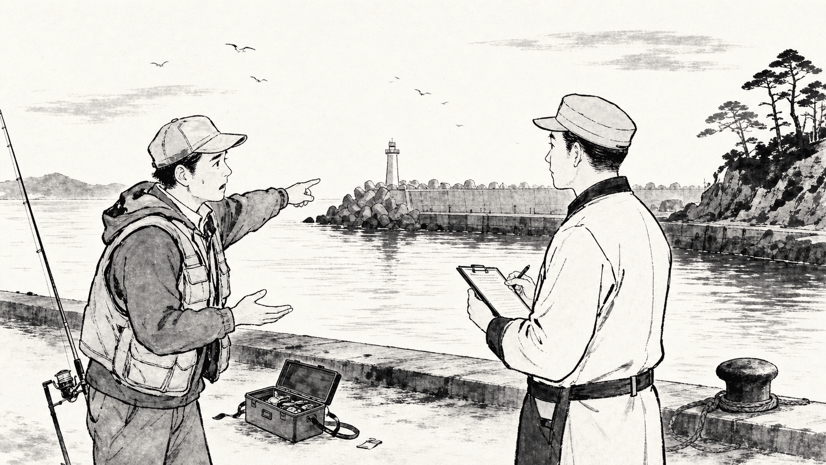 Minimal black and white ukiyo-e style illustration of a worried angler reporting a harbor accident to staff near a breakwater.
