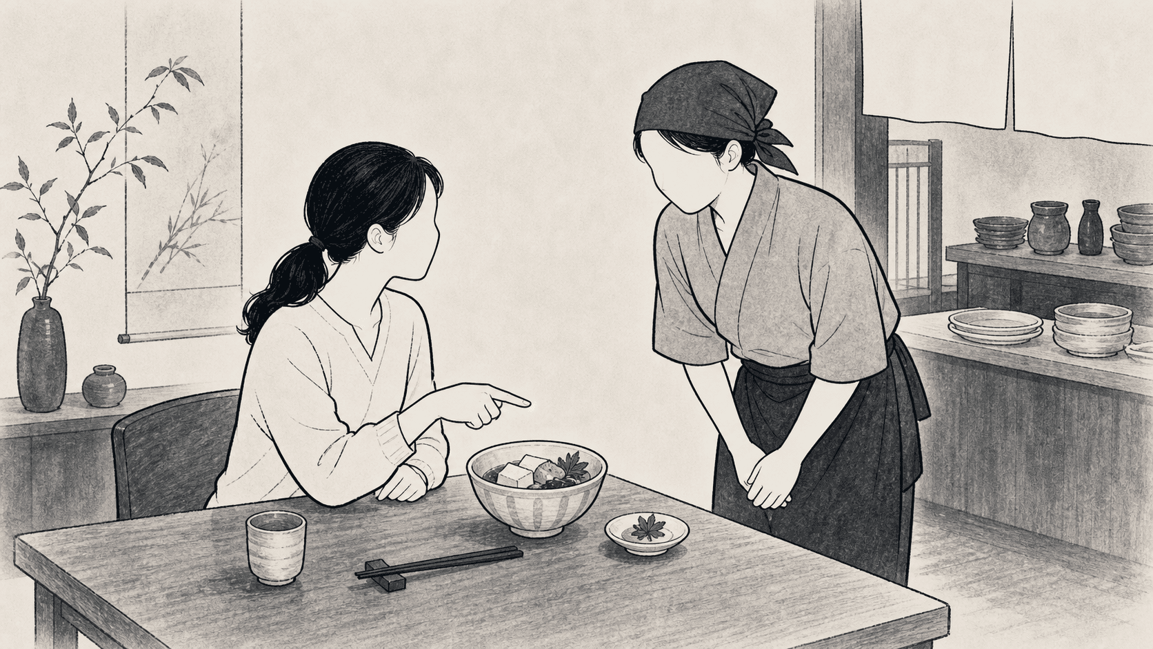 Minimal black and white ukiyo-e style illustration of a diner discussing dietary restrictions with restaurant staff.
