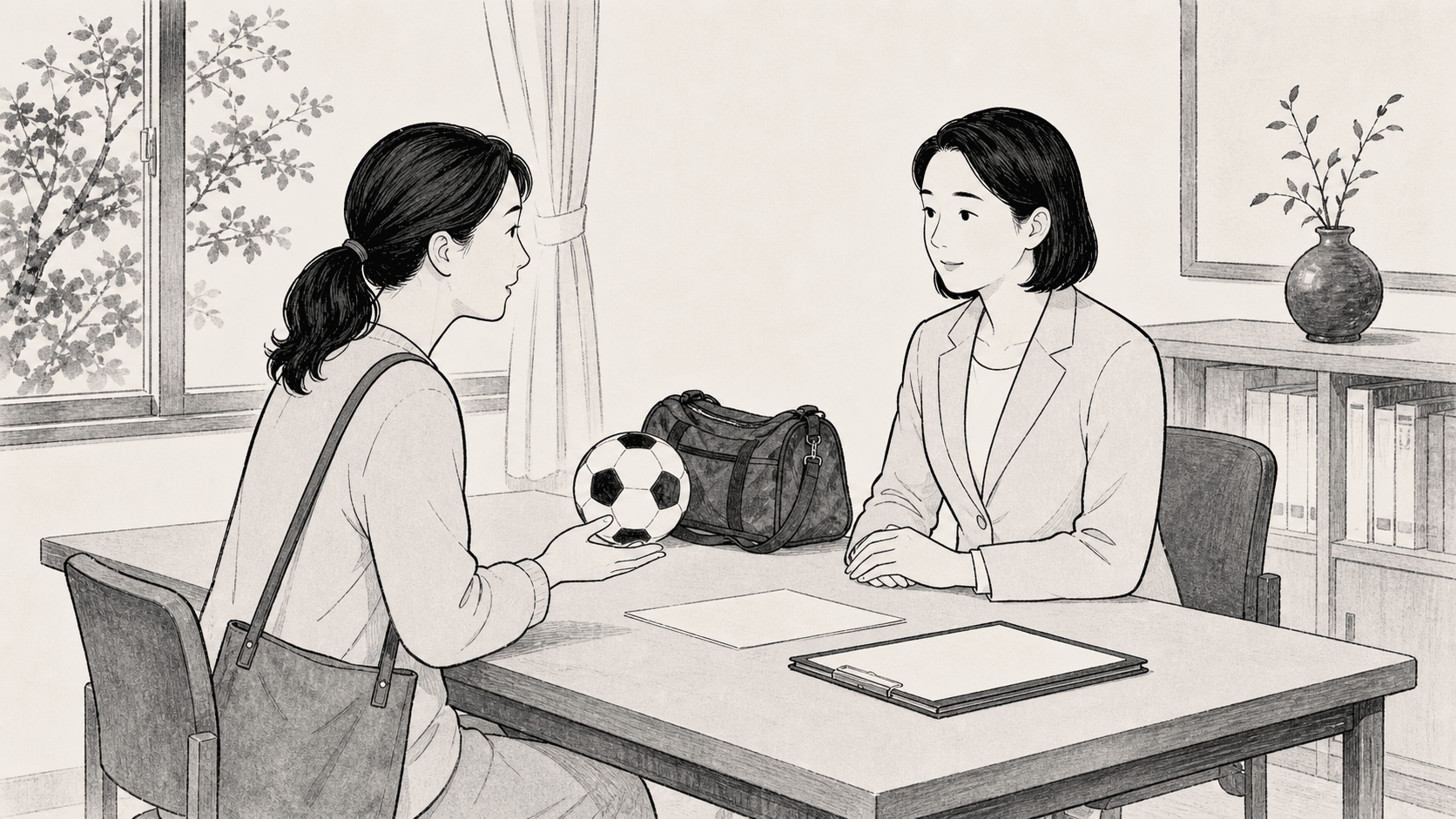 Minimal black and white ukiyo-e style illustration of a parent and teacher discussing a student's club activity.