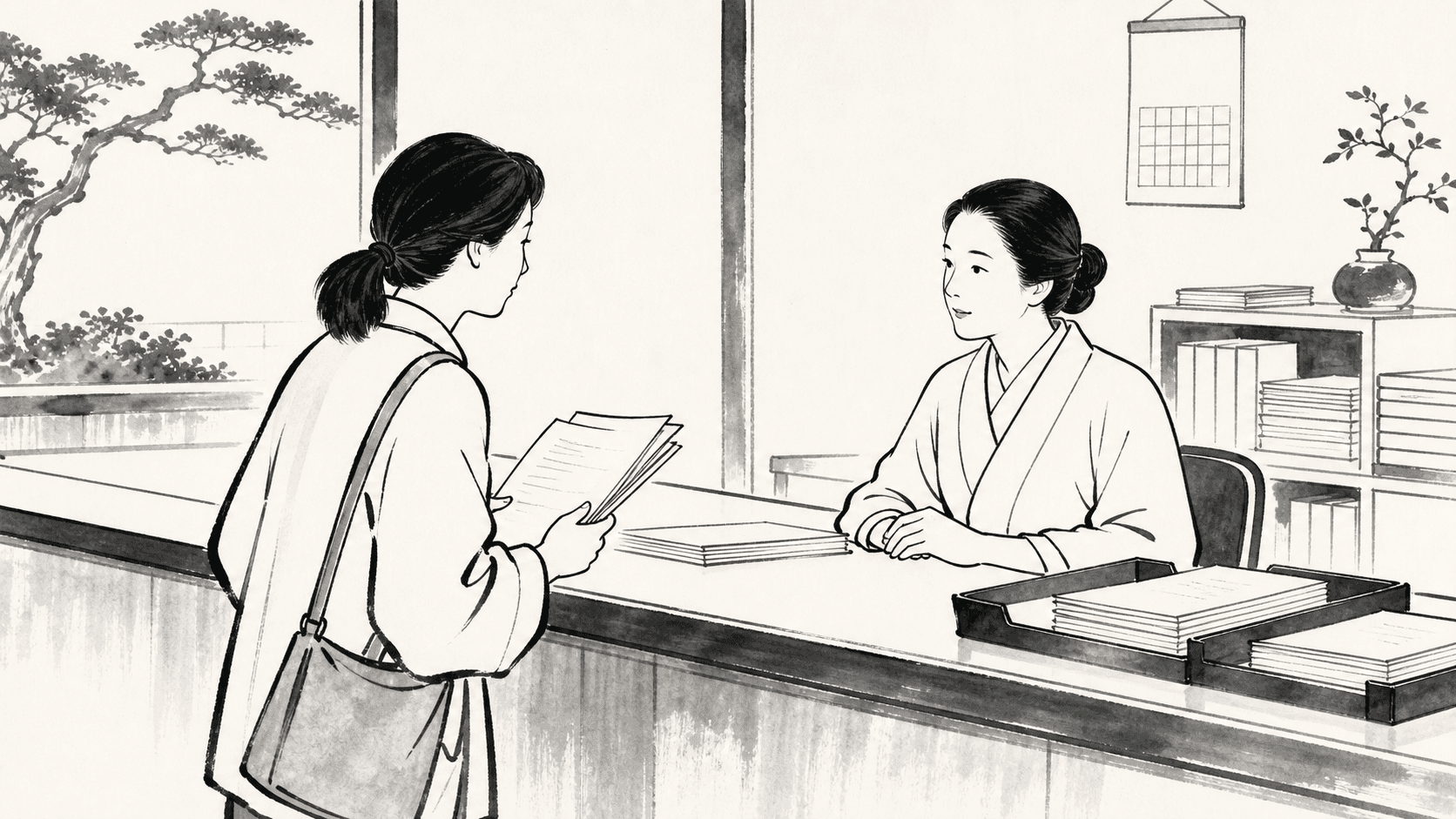 Minimal black and white ukiyo-e style illustration of a parent at a school office counter asking about enrollment paperwork.