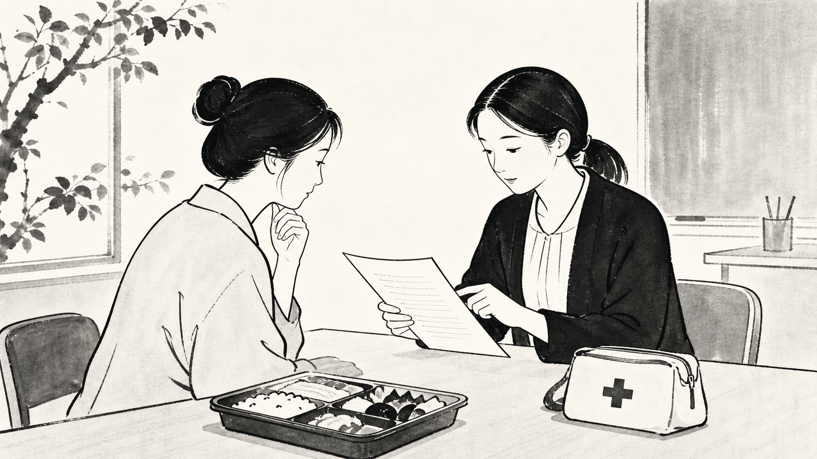 Minimal black and white ukiyo-e style illustration of a parent and teacher reviewing a school lunch allergy form.