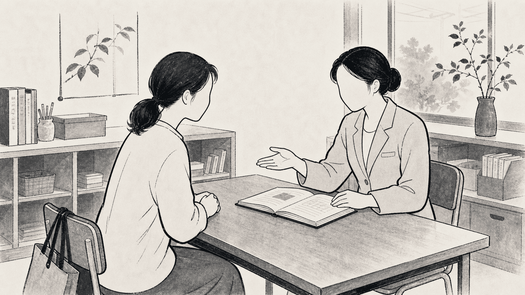 Minimal black and white ukiyo-e style illustration of a parent and teacher discussing a child's school progress.