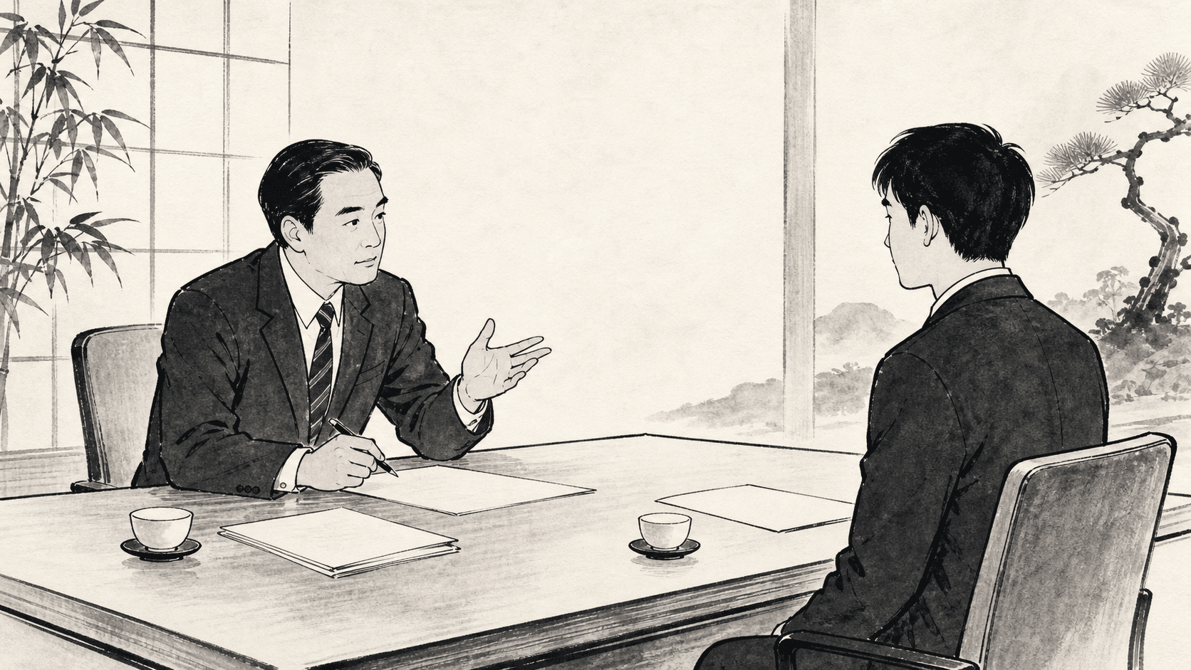 Minimal black and white ukiyo-e style illustration of a manager discussing work style with an applicant in a second interview.
