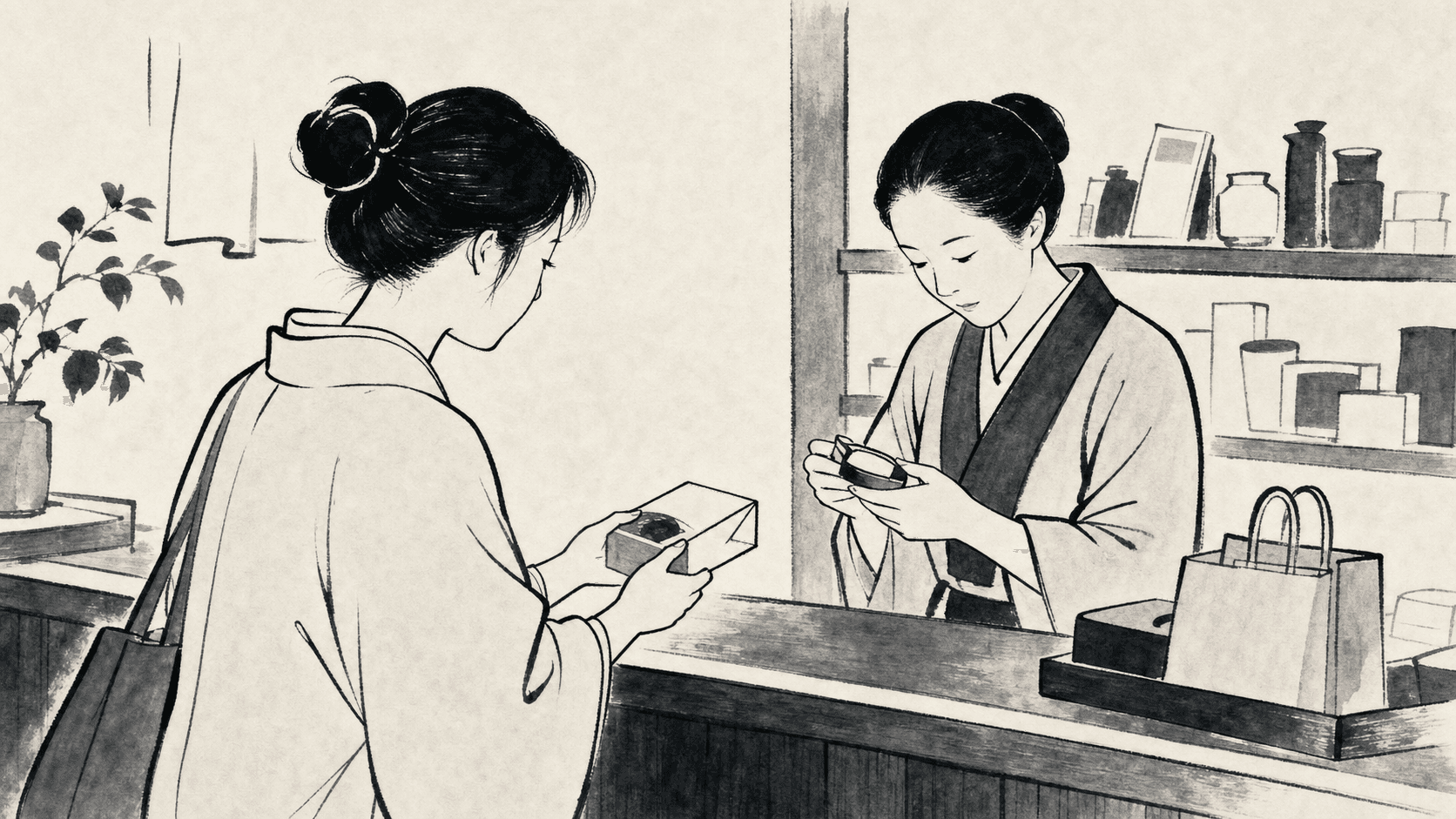 Minimal black and white ukiyo-e style illustration of a customer returning a defective item at a shop counter.