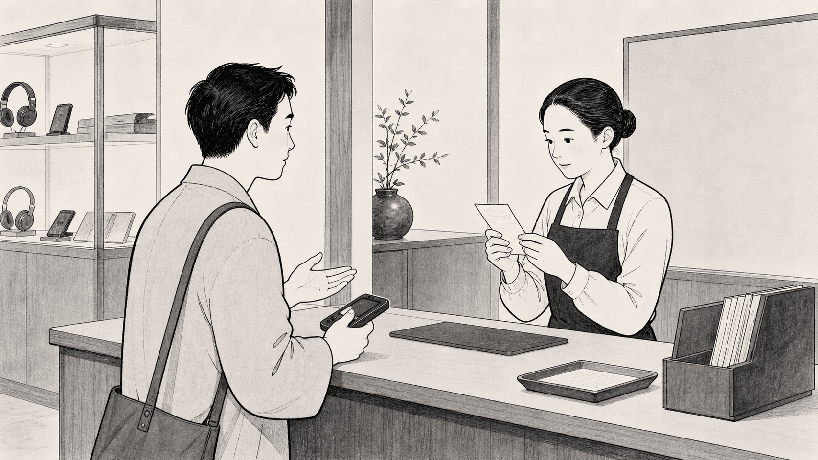 Minimal black and white ukiyo-e style illustration of a customer checking warranty repair status at a store counter.