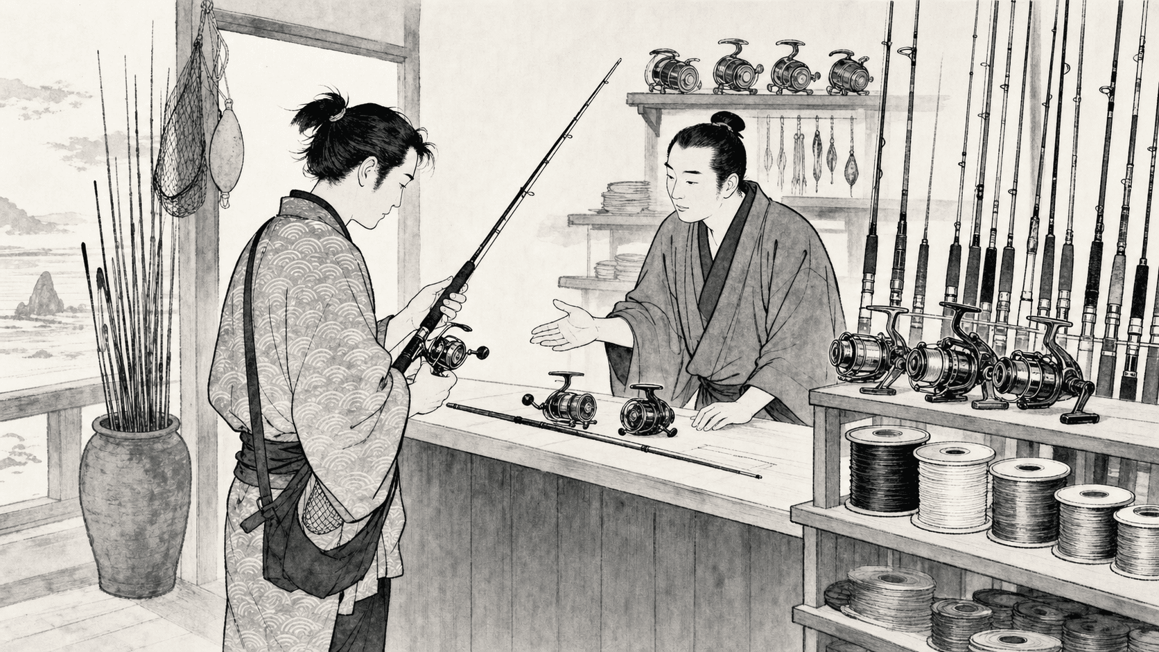 Minimal black and white ukiyo-e style illustration of a customer comparing fishing rods and reels with a shop staff member.