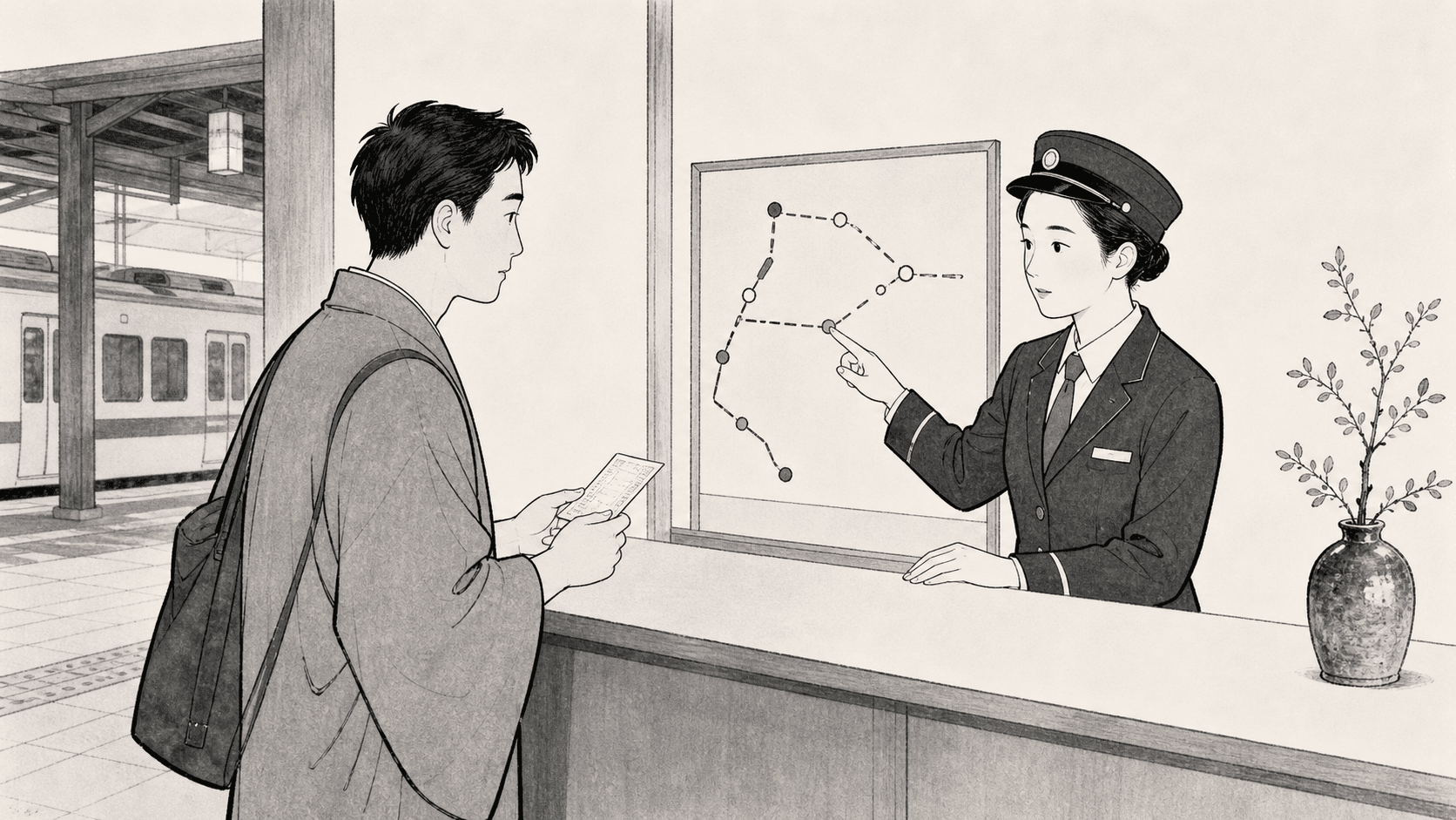 Minimal black and white ukiyo-e style illustration of a passenger asking station staff about a delayed train ticket.