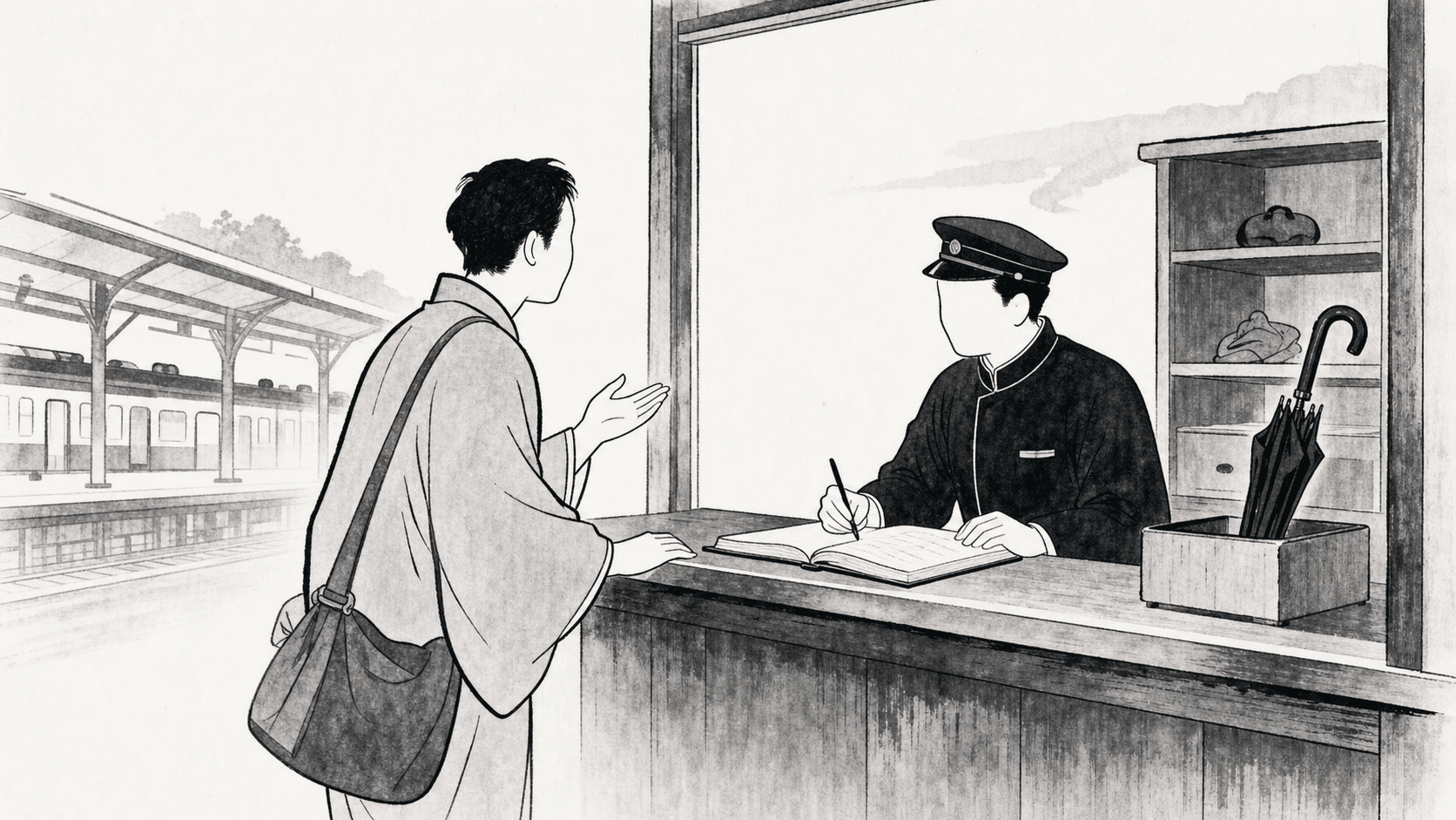 Minimal black and white ukiyo-e style illustration of a passenger speaking with station staff about a lost umbrella.