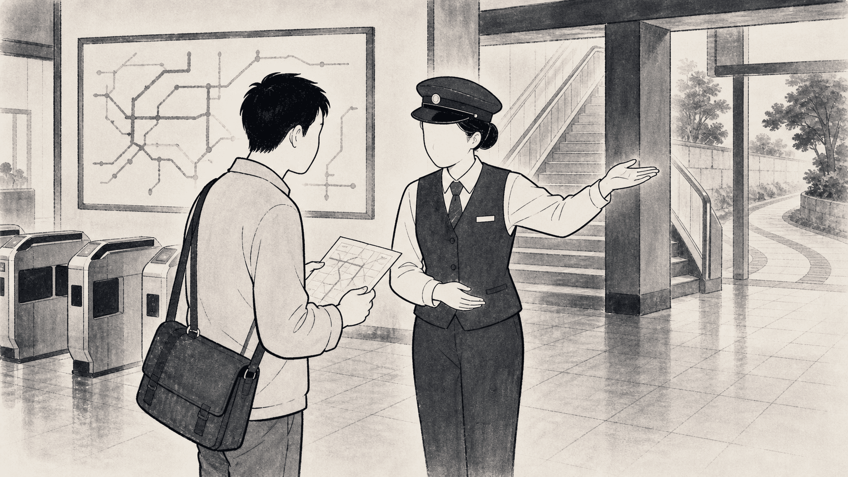 Minimal black and white ukiyo-e style illustration of a traveler asking station staff for directions.