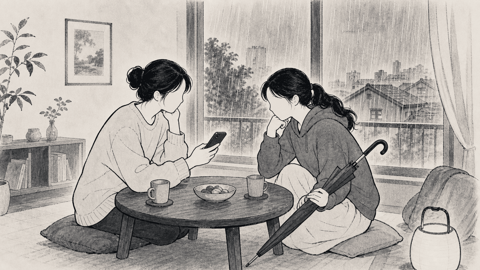 Minimal black and white ukiyo-e style illustration of two friends checking rainy weather before canceling plans.