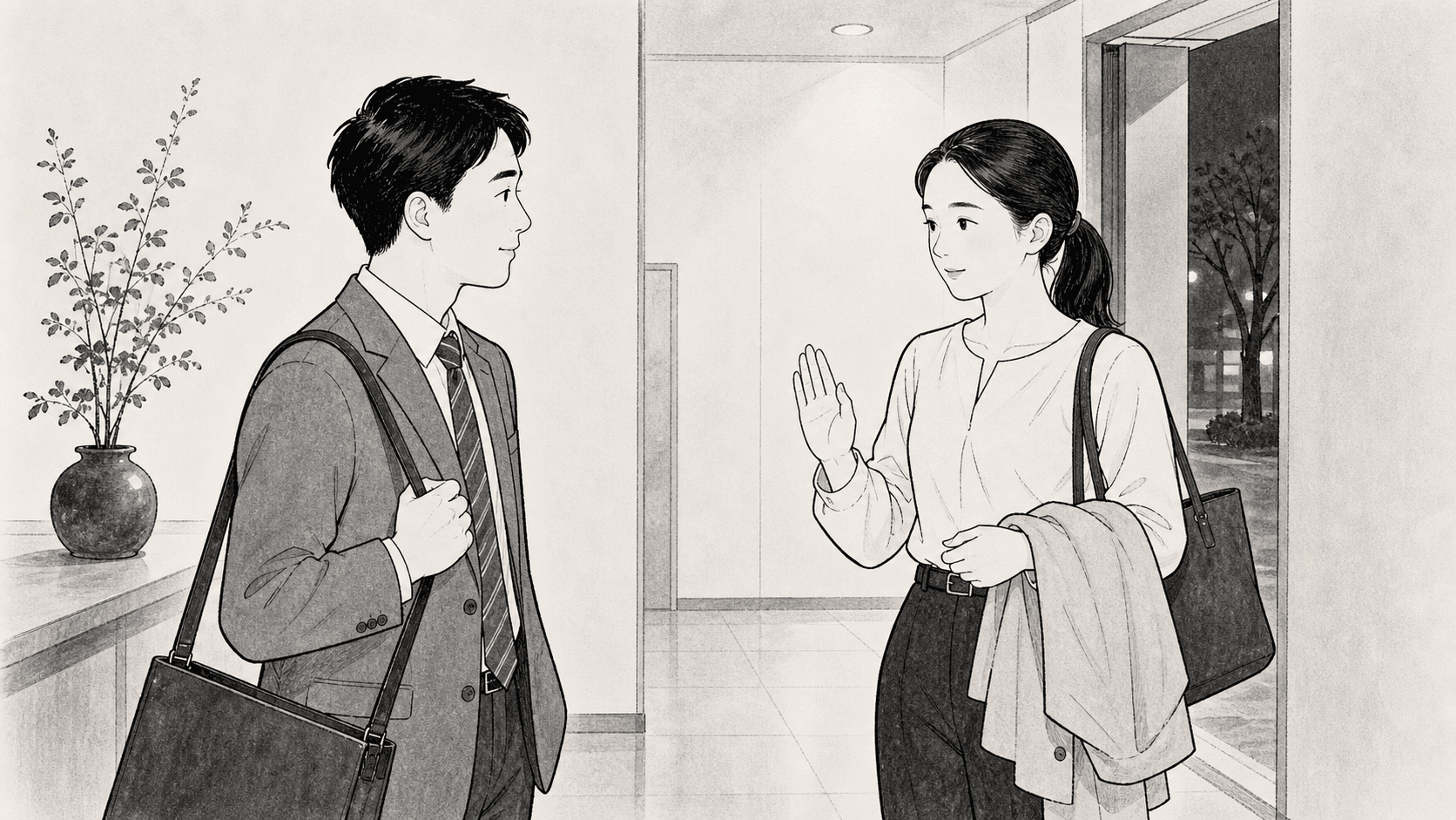 Minimal black and white ukiyo-e style illustration of coworkers politely discussing a dinner invitation after work.