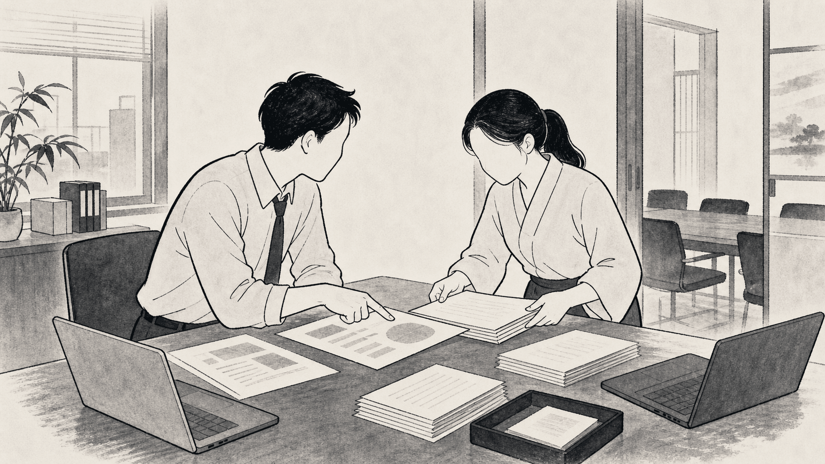 Minimal black and white ukiyo-e style illustration of two coworkers preparing documents before a meeting.