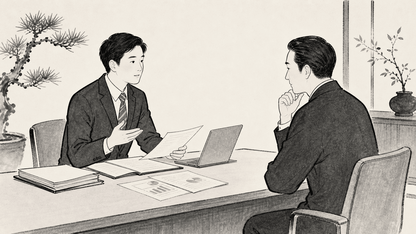 Minimal black and white ukiyo-e style illustration of an employee reporting a delayed office task to a manager.